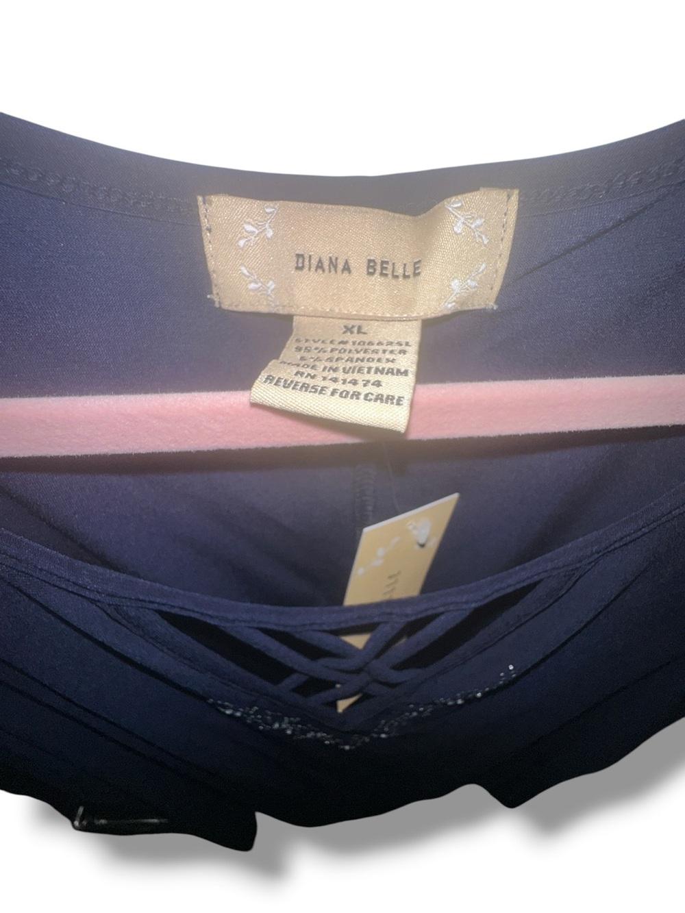 Diana Belle XL  Sleeveless Navy Blue Embellished Crisscross Tank Top Stretch NWT - Picture 3 of 5